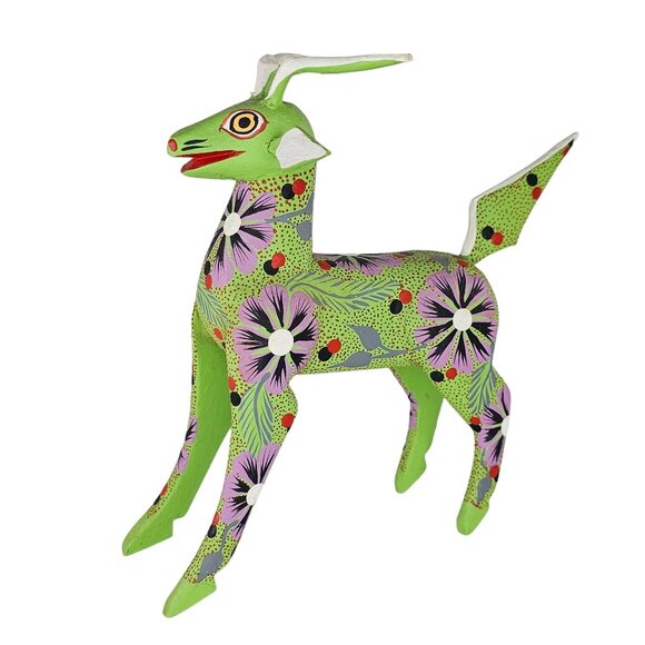 Handcrafted Green Floral Alebrije Deer Goat Figurine By Juan Hernandez Cruz - Picture 1 of 8